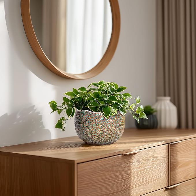 Ceramic Plant Pots - 6 Inch Plant Pot with Drainage Hole and Plug, Unique Planter for Indoor Plants Outdoor, Modern Planter, Round Orchid Pot, Room Decor, House Warming Gifts, Speckled-brown