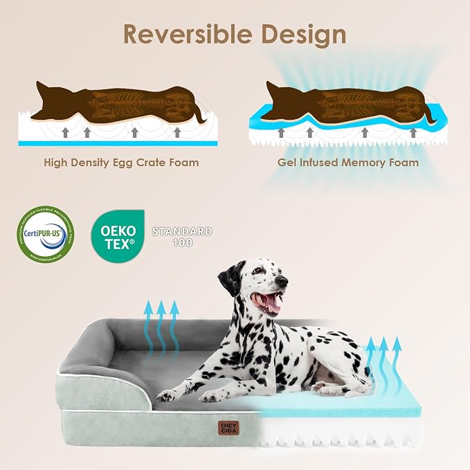 EHEYCIGA Orthopedic Dog Beds Large Sized Dog, Waterproof Washable Pet Bed | Non-Slip Bottom and Egg-Crate Memory Foam Dog Couch Bed with Washable Removable Cover, Greyish Green