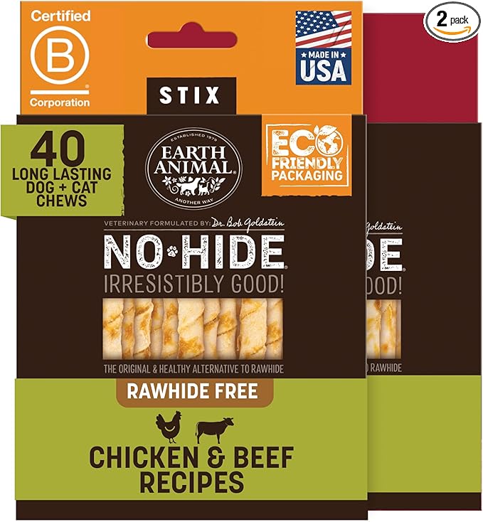 Earth Animal No Hide Stix - Rawhide Free Dog Chews 40 Count Chicken & Beef | Small Sticks Chicken & Beef Flavored Natural Rawhide Free Long Lasting Dog Chews - Pet Treats for Small Dogs and Cats