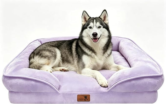 Spotted Play Orthopedic Dog Bed with Sides - Sofa Beds for Large Dogs, Supportive Foam Pet Couch Bed with Washable Removable Cover, Waterproof Lining and Non-Slip Bottom, Purple - L-Plus