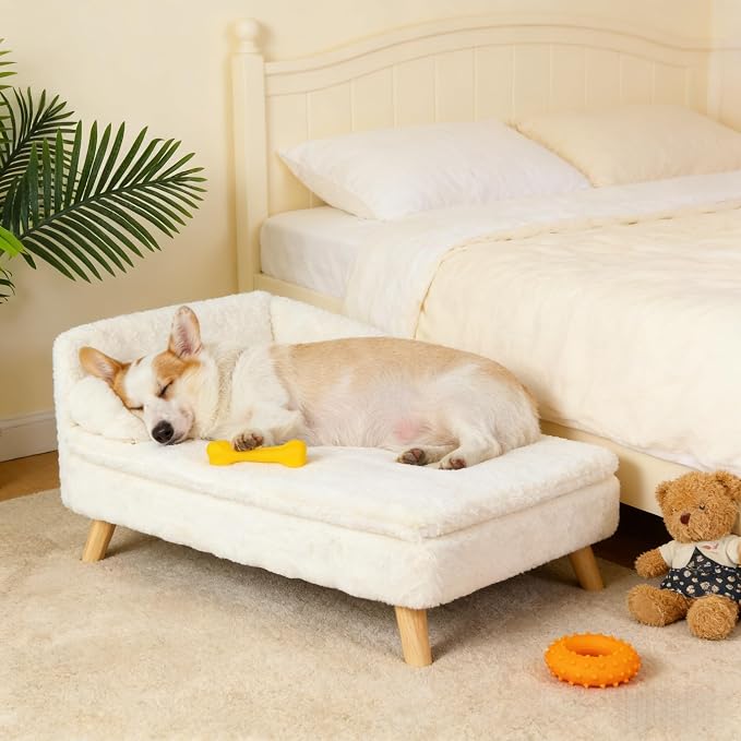 Elevated Dog Bed Couch Sofa: Wooden Dog Chair with Bolster Cushion for Small Dogs Cats Cute Pet Chaise Soft Cushion Washable, 31.7 x 18.9 Inches