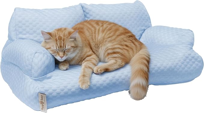 Paws & Purrs Cooling Pet Sofa Bed for Small Dogs or Cats, Breathable Fabric, Supportive Bolsters, Removable Washable Cover, Non-Slip Base, Sofa Pet Lounger Includes Mini Play Cushion, Blue