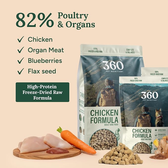 360 Pet Nutrition Freeze-Dried Raw Dog Food – Chicken Recipe with Liver & Organs, High Protein, Omega-3s, Fruits, Veggies & Superfoods, Grain-Free, No Fillers 2 x 48 oz Made in USA