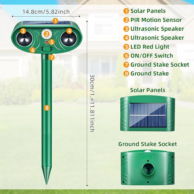 2026 Upgraded Solar Animal Repellent Ultrasonic Outdoor, 2 Pack IP65 Waterproof Deer Repellent & Cat Deterrent with Motion Sensor, Effective Racoon Rabbit Skunk Squirrel Repeller for Yard Garden