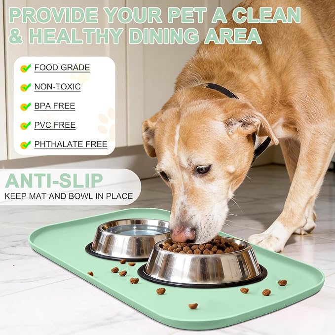 SMILOOL Waterproof Silicone Pet Food Mat with Raised Edge for Dog & Cat | 22" x 14" Non-Slip Pet Feeding Mats with Lip for Food & Water Bowl, Food Grade, Easy Cleaning, Mint Green