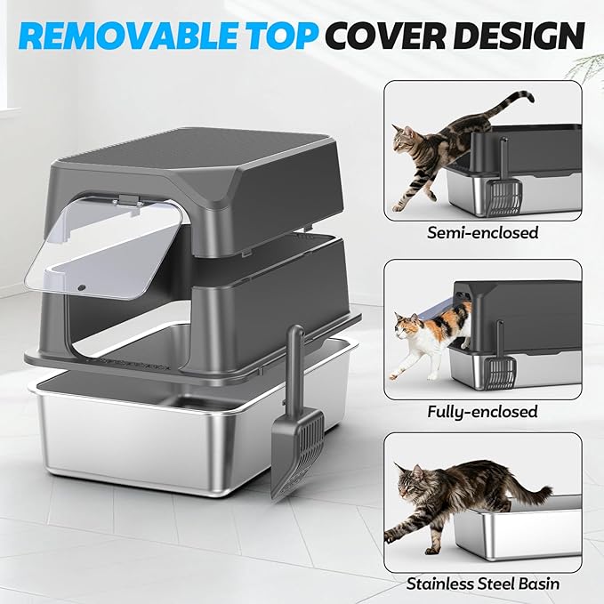 WoofiGo Enclosed Stainless Steel Cat Litter Box with Lid, XL Extra Large Litter Box for Big Cats, Metal Litter Pan High Sided, Never Absorbs Odors, Anti-Urine Leakage, Include Scoop (Dark Grey)
