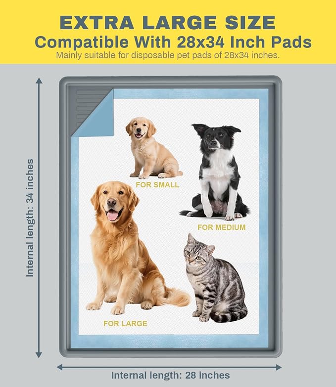 Thick Silicone Pet Pee Pad Holder, Extra Large Tray for 28" x 34" Disposable Pads, Raised High Edge Leak-Proof Training Mat for Puppy, Dogs, Cats