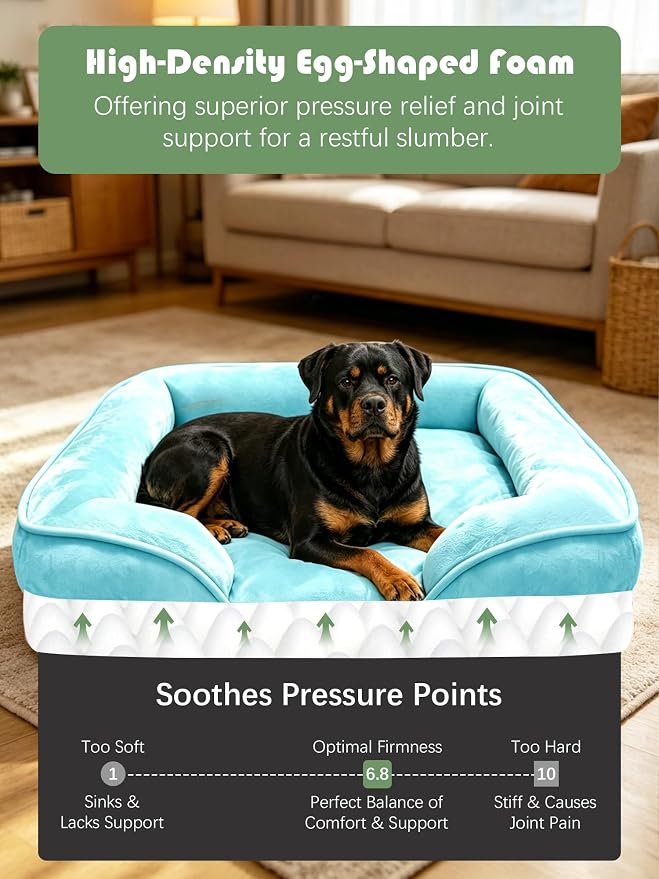 Spotted Play Orthopedic Dog Bed with Sides - Sofa Beds for Extra Large Dogs, Supportive Foam Pet Couch Bed with Washable Removable Cover, Waterproof Lining and Non-Slip Bottom, Ice Blue - XL