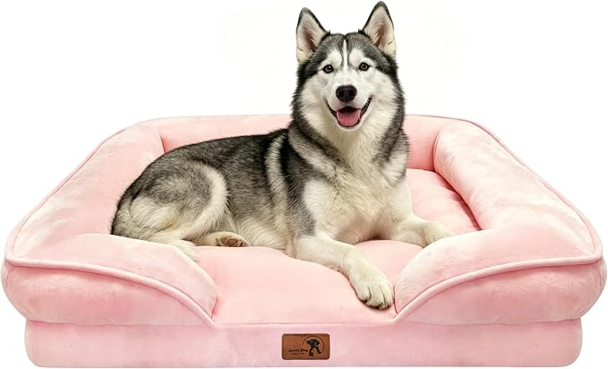 Spotted Play Orthopedic Dog Bed with Sides - Sofa Beds for Large Dogs, Supportive Foam Pet Couch Bed with Washable Removable Cover, Waterproof Lining and Non-Slip Bottom, Pink - L-Plus