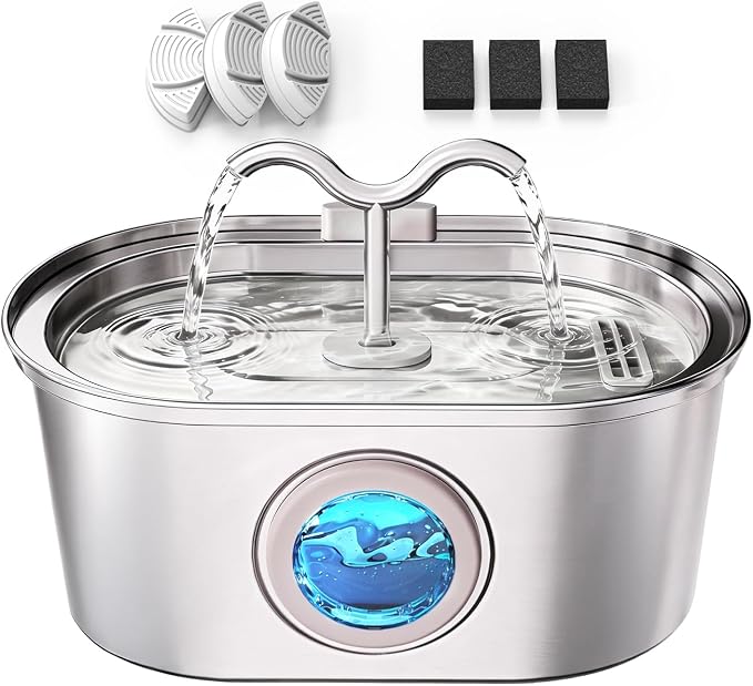 3.2L/108oz Stainless Steel Cat Water Fountain Pet Fountain | Automatic Pet Water Dispenser - Self-Designed Filtration System - Ultra-Quiet Pump - Easy Cleaning & Maintenance (3 Filters)