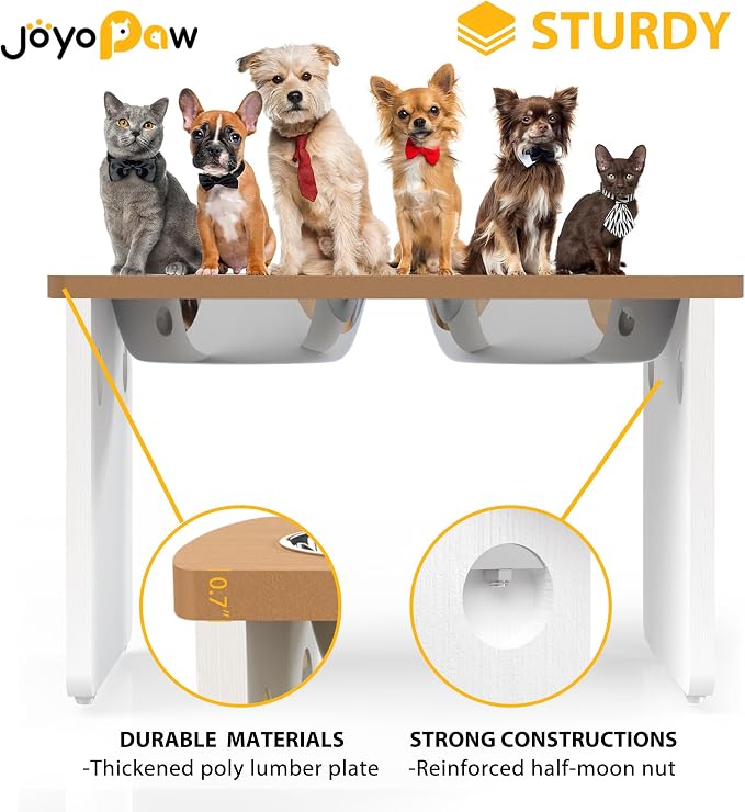 Elevated Dog Bowls, Waterproof Raised Dog Bowl for Medium & Large Dogs, HIPS Poly Lumber Stand with 2 Stainless Steel Bowls, Indoor & Outdoor Use (13'' Tall–68 oz Bowl, Teak - White)
