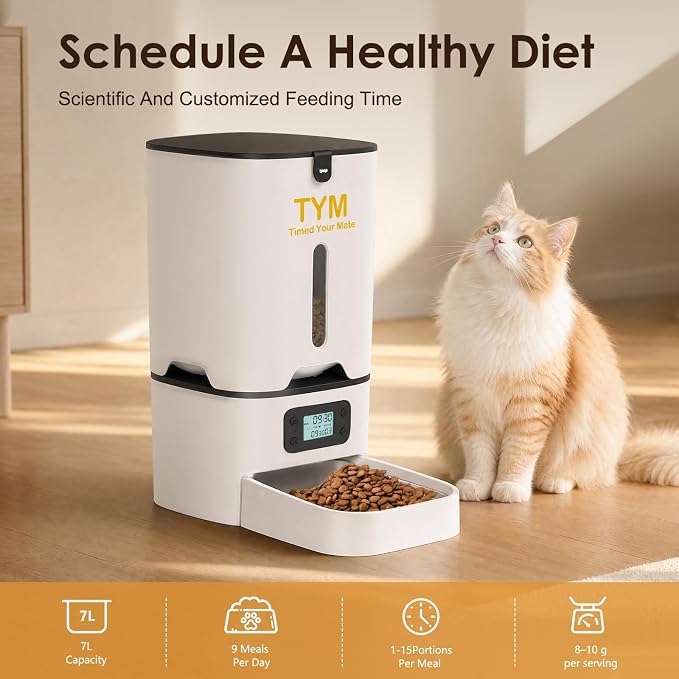 Automatic Cat Feeder 7L, 9 Meals/Day Food Dispenser for Cats Small Dogs | Large Capacity | Programmable Timer | NO APP | Weight / Diet Control | Stainless Steel Bowl | Fresh Food | Dual Power Supply