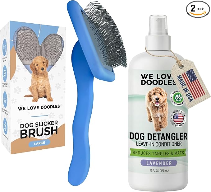 Large Slicker Brush & Lavender Detangler Spray Pack, Dog Grooming at Home | Best Brush For Long Haired Dogs, Dematting Comb & Detangling Spray For Goldendoodle Coats, Puppy Matting Grooming Supplies