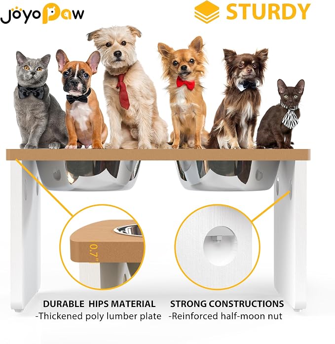 Elevated Dog Bowls, Waterproof Raised Dog Bowl for Medium & Large Dogs, HIPS Poly Lumber Stand with 2 Stainless Steel Bowls, Indoor & Outdoor Use (10'' Tall–48 oz Bowl, Teak-White)