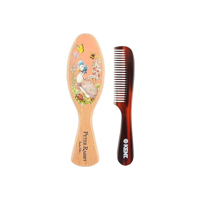 Kent Peter Rabbit Jemima Puddle Duck Baby Hair Brush and Comb Set, Soft Bristle Newborn Hair Brush, Wooden Beechwood Baby Brush Set for Fine Hair