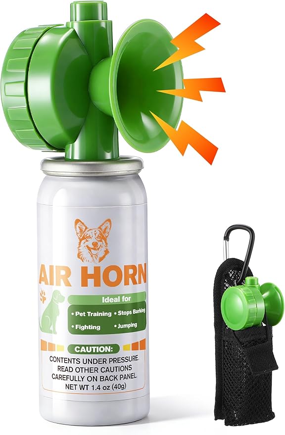 Air Horn with Holster, 1.4 oz 120 dB Loud Pet Trainer to Stop Dog Attacking Barking Fighting Jumping, Coyotes Air Horn for Safety, Protect Yourself & Pet While Walking, Green (1 Pack)