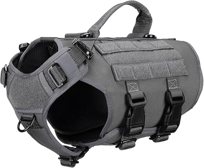 ICEFANG No Pull Tactical Dog Harness for Small Dogs,Adjustable Dog Vest | Control Handle,MOLLE Panel,Front Hook,3 Leash Clips,Soft Padded,for walking training,Grey,Small