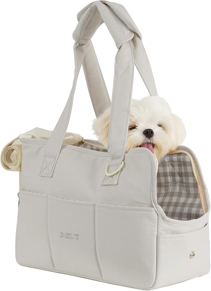 ONECUTE Dog Carrier for Small Dogs Rabbit cat with Large Pockets, Cotton Bag, Dog Carrier Soft Sided, Collapsible Travel Puppy Carrier (Grey, 17" L x 7.5" W x 12" H)