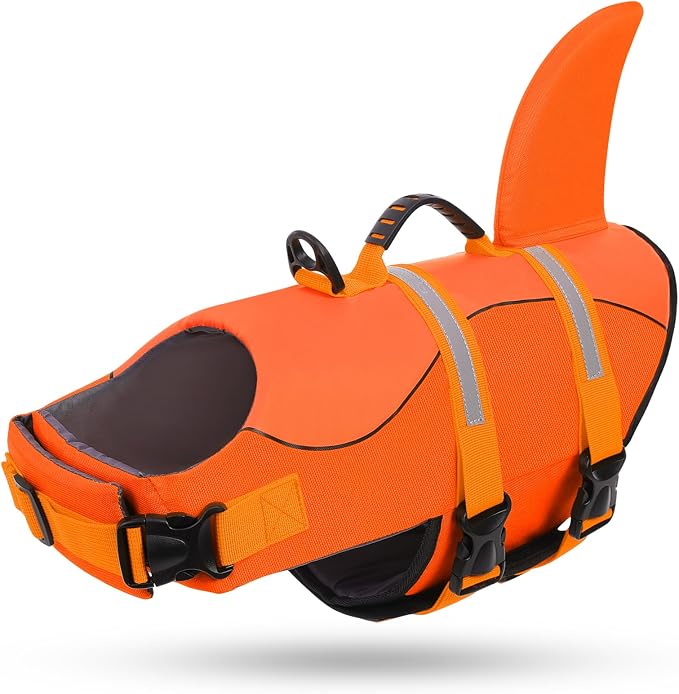 Dog Life Jacket, Dog Life Vest for Swimming, Puppy Shark Swimming Vest with Rescue Handle, Reflective Adjustable Pet Lifesaver Preserver for Small Dogs, Orange XS