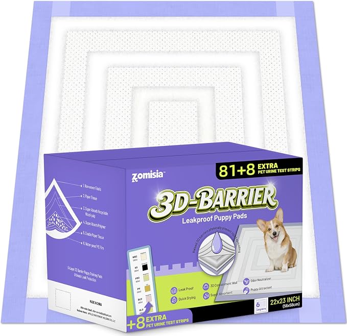 ZOMISIA 3D-Barrier Puppy Pee Pads for Dogs, 7 Cups Absorb & Rise Puffy Gel-Wall Leak-Proof, 22"x23" 81 Counts + 8 Pet Urine Test Strips, Super Absorbent Disposable Potty Training Pads