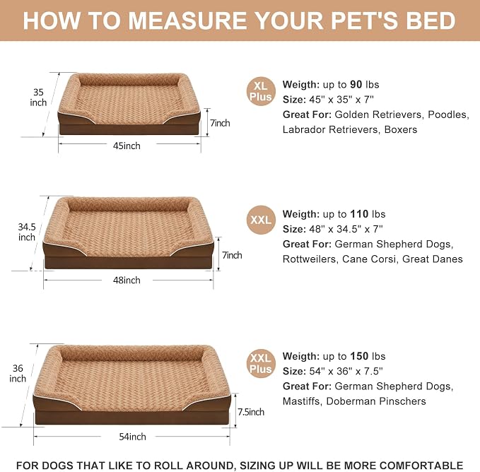 WNPETHOME Orthopedic Washable XXL Dog Bed for Senior Dog Cozy Sleep | Extra Large Waterproof Big Soft Dog Couch Sofa Bed for Dogs Relax with Removable Cover Supportive Pet Bed Brown 48x35 Inch