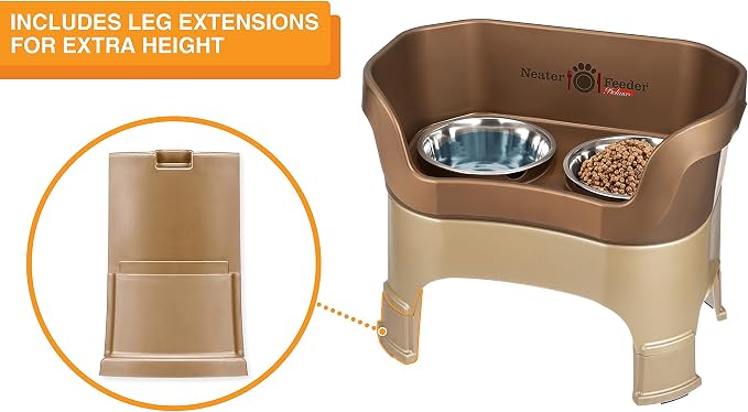 Neater Feeder Deluxe Mess-Proof Elevated Dog Bowls for Large Dogs (40+ lbs), 2 Height Adjustable (14.5” & 17.5”) No-Spill Raised Dog Bowl Stand, Stainless Steel Food Bowl Set, Made in USA, Bronze