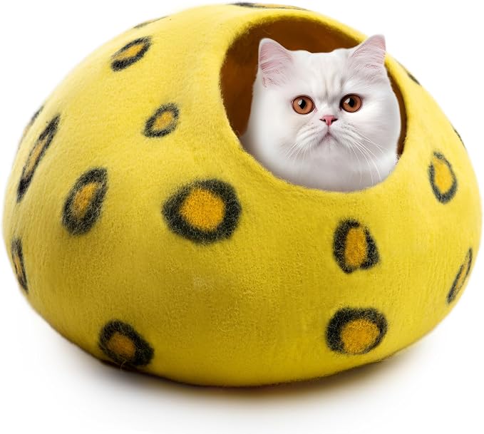 Luxurious Merino Wool Cat Cave - Foldable Hideaway Pod for Indoor Cats - Premium Felt Kitten Pet Enclosure - Covered Cat House for Ultimate Cozy Comfort by Woolygon (Cheetah)