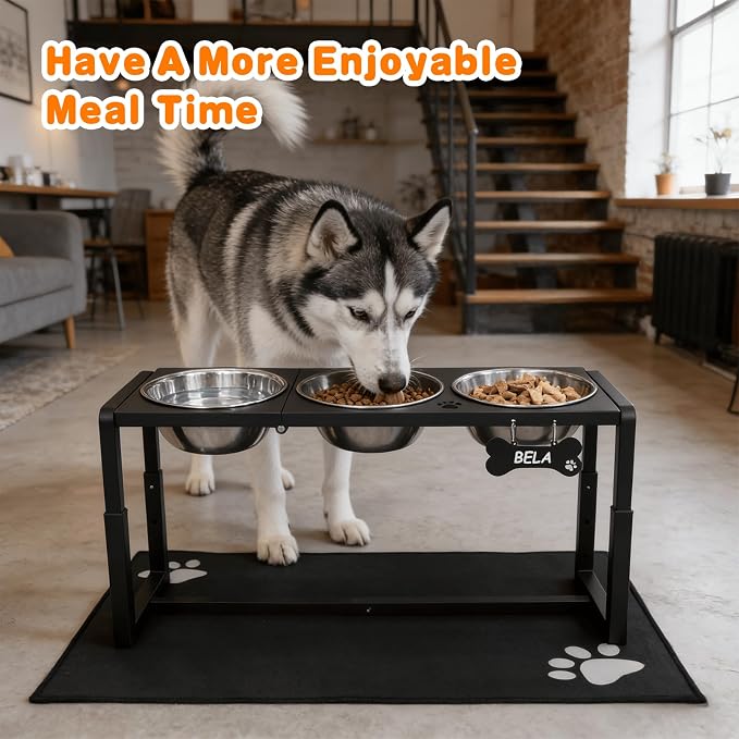 Metal Elevated Dog Bowls for Medium/Large Breed, 3 Adjustable Height(8.8''/11.5''/14'') Raised Dog Bowls Stand with Three 58oz Large Stainless Steel Dog Bowls, with The Splash pad