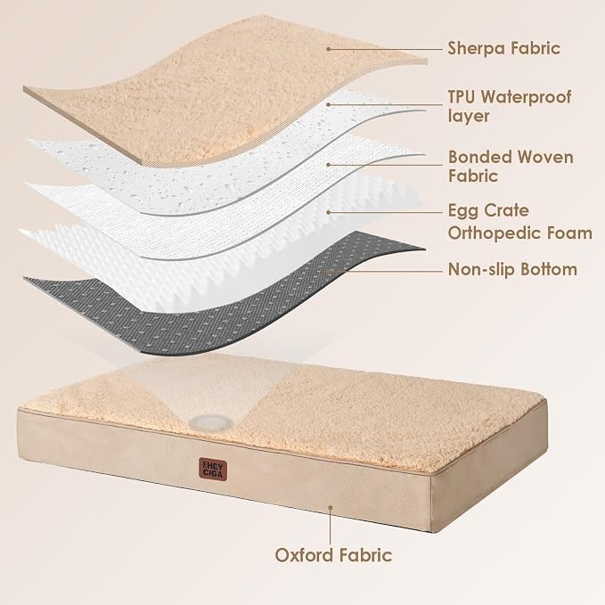 EHEYCIGA Orthopedic Dog Bed Large with Removable Washable Cover, 50IN Khaki | Egg Crate Foam Support, Durable Oxford fabric, Non-Slip Bottom, Machine Washable, Soft Waterproof Plush Pet Bed Mat For Crate