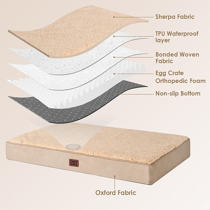 EHEYCIGA Orthopedic Dog Bed Large with Removable Washable Cover, 36IN Khaki | Egg Crate Foam Support, Durable Oxford fabric, Non-Slip Bottom, Machine Washable, Soft Waterproof Plush Pet Bed Mat For Crate