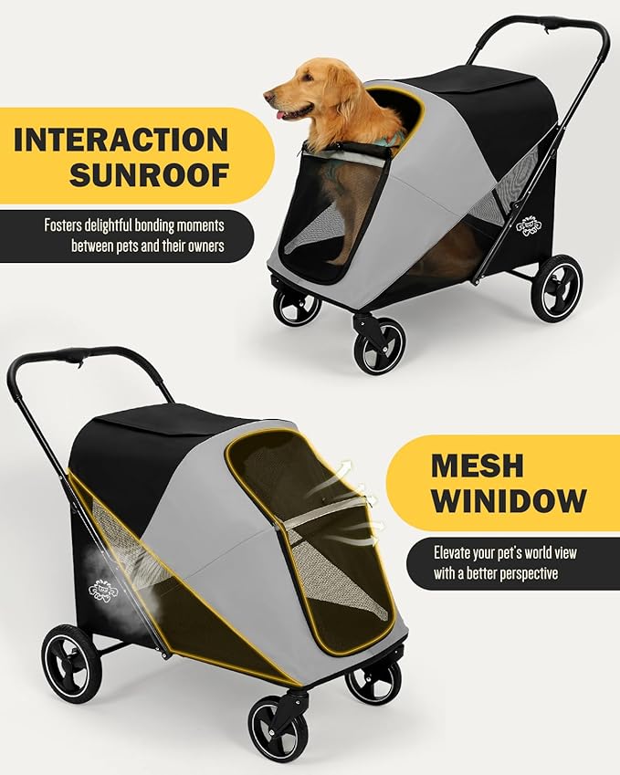 Dog Stroller for Large & Medium Dogs, 4 Wheels Pet Stroller for Large Dogs up to 120lbs, Extra Large Dog Stroller with Foldable Design, Sun Shades, Storage Pocket, Breathable Mesh