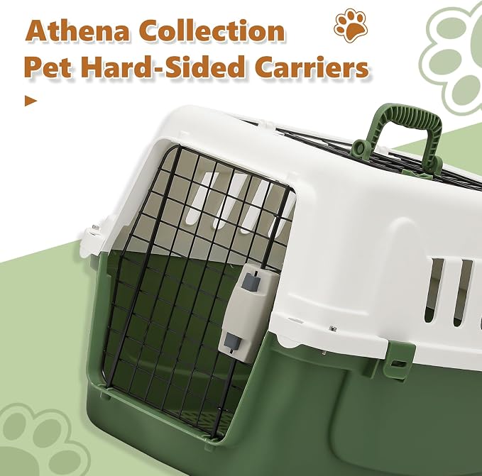 Athena Collection 22" Hard-Sided Travel Pet Carrier for Small Dogs and Cats | Plastic Dog Crate with 2-Door Top & Front Load, Ventilation, Security Lock, Cat Dog Carrier for Pet, up to 22lbs, Green