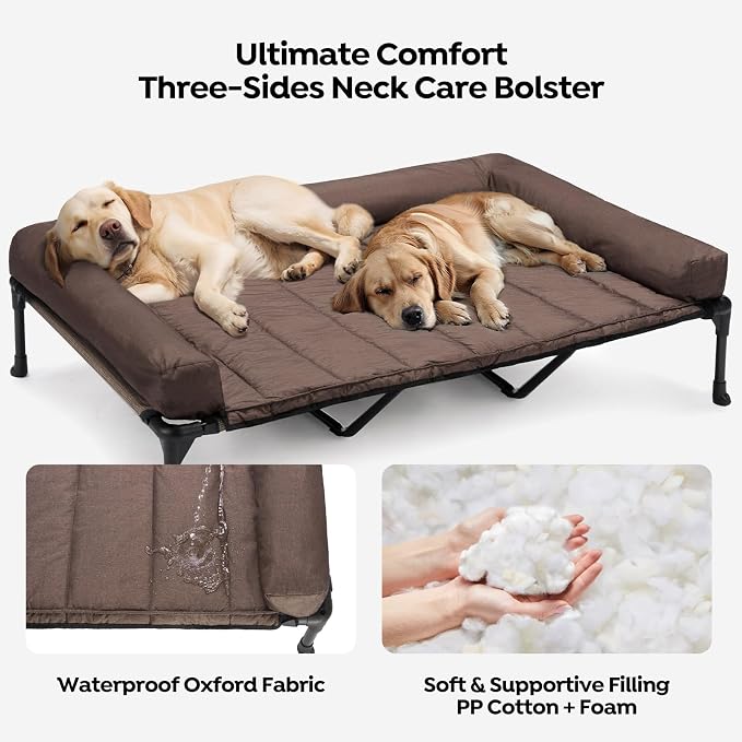 Veehoo Cooling Elevated Dog Bed Add Removable Waterproof Bolster Cushion Mat, Raised Pet Cot with Breathable Teslin Mesh, No-Slip Feet, Dog Sofa Bed for Indoor Outdoor, XXLarge, Brown CWC2331B