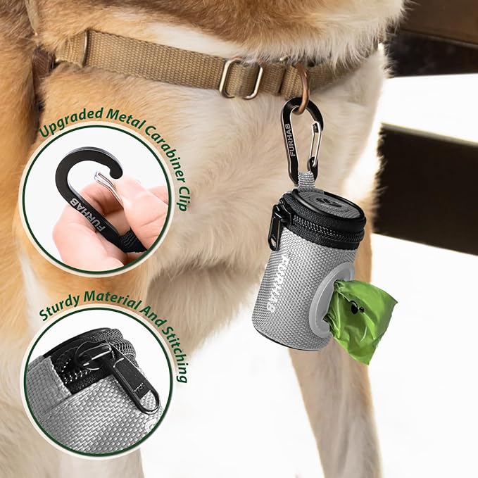 FURHAB Glow Dog Poop Bag Holder for Leash Doggie Waste Bag Dispenser Puppy Potty Carrier Small Doggy Zipper Pouch with Carabiner Clip 1680D Nylon Oxford with 1 Roll of Pet Trash Bags, Silver