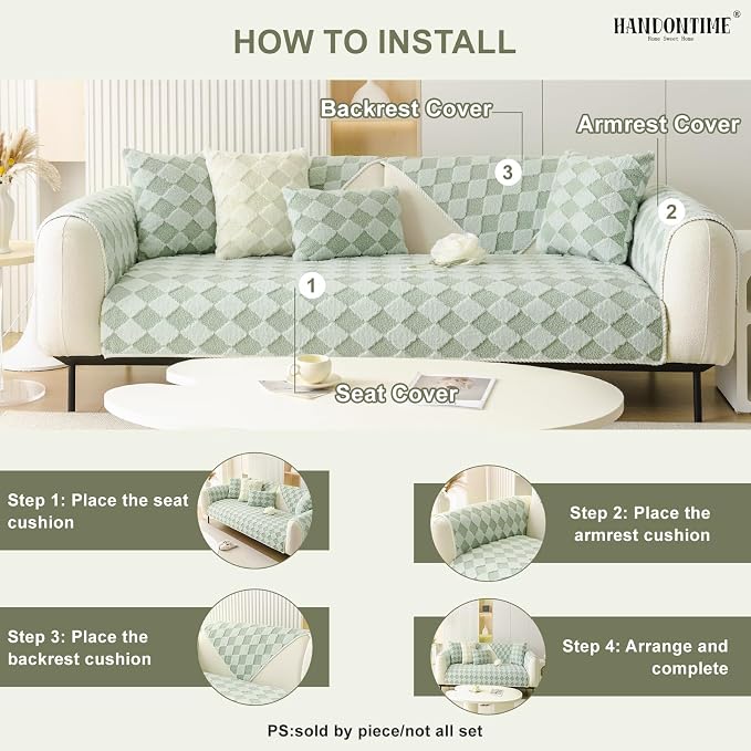 HANDONTIME Non-Slip Pet Couch Cover Washable, Plush Faux Fur Couch Protector for Cushion Pet-Friendly Sofa Covers for Dogs, Checkered Diamond Sectional Covers Dog Mat for Sofa (Green, 35.6" x 63")