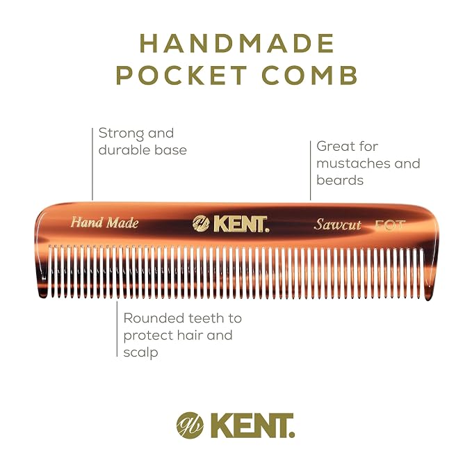 Kent FOT Handmade Pocket Comb for Men, Women and Kids, All Fine Tooth Hair Comb Straightener for Everyday Grooming and Styling Hair, Beard and Mustache, Saw Cut and Hand Polished, Made in England