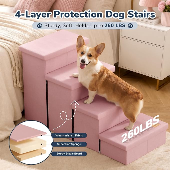 4-Step Wide Dog Stairs with Storage 23" H, Non-Slip Sturdy Pet Steps for High Bed Couch Window, Pet Stairs for Small/Medium/Large Old Dogs Cats Up to 220lbs, Cat Dog Steps for Car/SUV, Pink