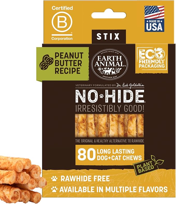 Earth Animal No Hide Stix - Rawhide Free Dog Chews 80 Count Peanut Butter | Small Sticks Peanut Butter Flavored Natural Rawhide Free Long Lasting Dog Chews - Pet Treats for Small Dogs and Cats