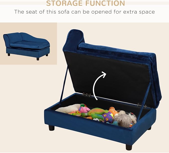 PawHut Luxury Fancy Dog Couch with Hidden Storage, Small Dog Sofa Bed with 2" Soft Foam, Modern Pet Furniture for Puppies & Little Breeds, Blue | Small Dog Sofa Bed with 2" Soft Foam, Modern Pet Furniture for Little Breeds