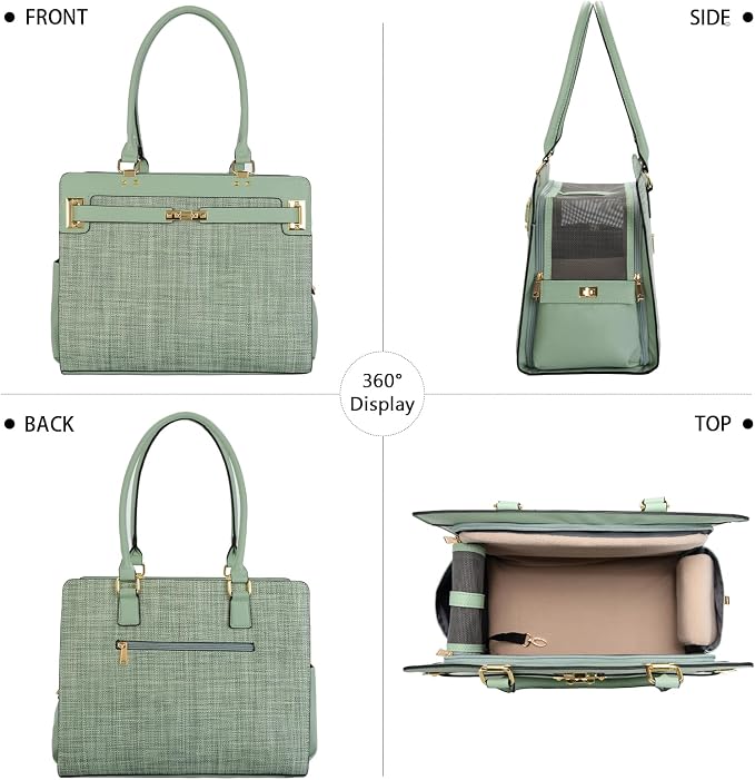 2-in-1 Stylish Dog Purse Carrier Soft-Sided Carriers Travel Tote Bag for Small Dogs Cats, Fashion Foldable Pet Bag for Puppies Small Animals with Pockets (Green, 15" L x 7.5" W x 12.2" H)