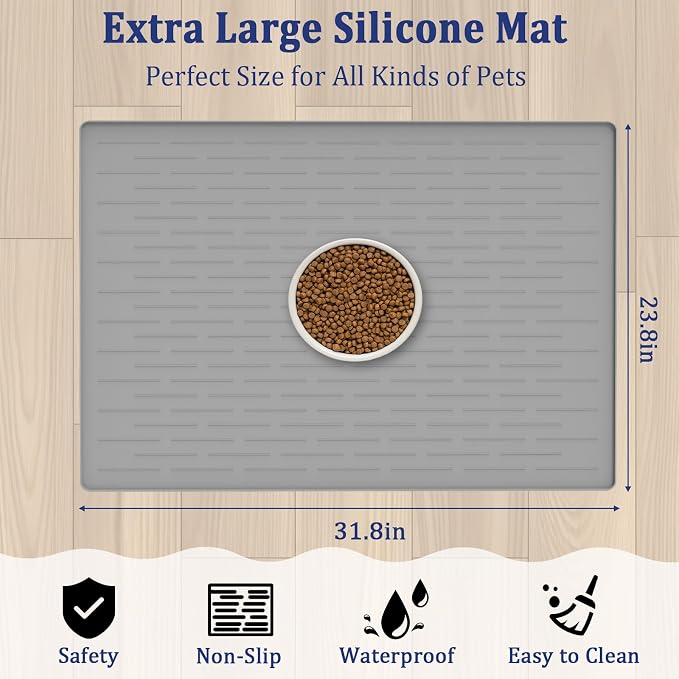 31.8"x23.8" Extra Large Pet Food Mat, Silicone Dog Mats for Food and Water, XL Nonslip Pet Feeding Mats for Floors,Dog Cat Bowl Mat with Raised Edges, Light Gray