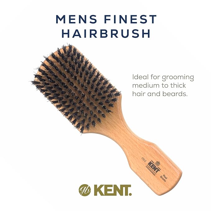 Kent OG2 Beechwood Club HairBrush, 100% Natural Boar Bristle for Mens Grooming, All Hair Types and Beard Lengths, Travel Size with Hair Brush Cleaner, Slick Back Hair brush