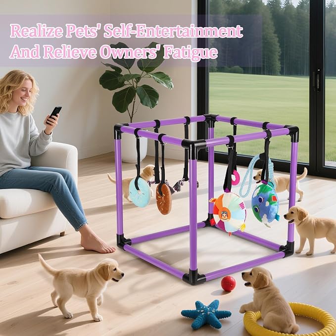 Liitrton Puppy Play Gym for Small Dogs with 8 Hanging Toys, Purple | 19.5"x19.5"x19.5" PVC Frame, Indoor Puppy Jungle Gym with Interactive Puppies Toys