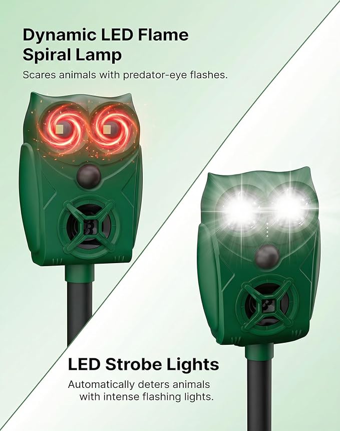 Solar Ultrasonic Animal Repeller with Motion Sensor, Deer Repellent Devices with LED Light, Waterproof Cat Repellent Outdoor, Dog Deterrent for Yard Garden to Repel Raccoon, Squirrel, Fox (2, Green)