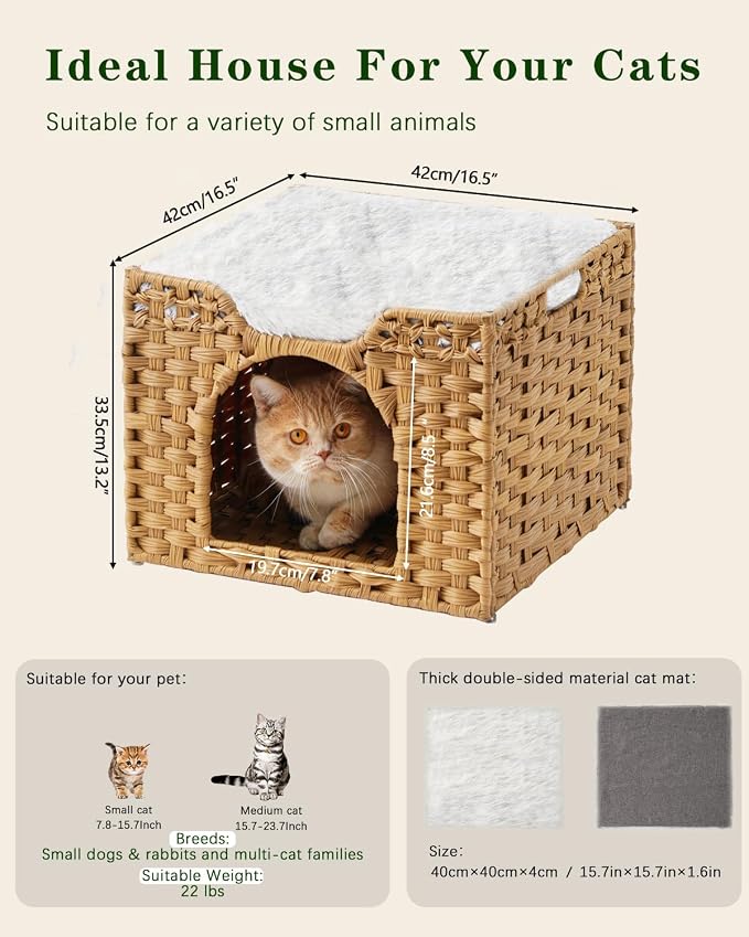 SETVSON Cat Beds Indoor Kitten House, PE Rattan Cat Cave, Natural | PE Rattan Cat Cave & Perch, Reversible Soft Cushion, 2 S-Hooks, Sturdy Metal Frame, 16.5x16.5x13.2 In Pet Cube