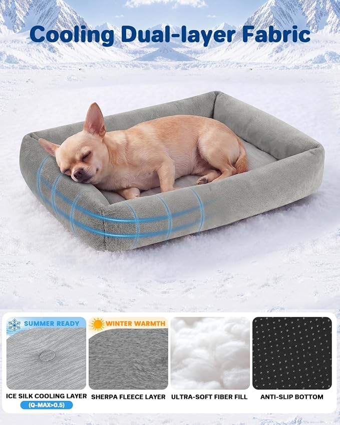 Cooling Dog Bed for Small Medium Cats - Removable Inner Cushion & Reversible Design (Ice‑Silk Cooling Layer | Sherpa Fleece Layer), Non‑Slip Bottom Washable Cooling Mat for Dogs Cats Crates 20" × 14"