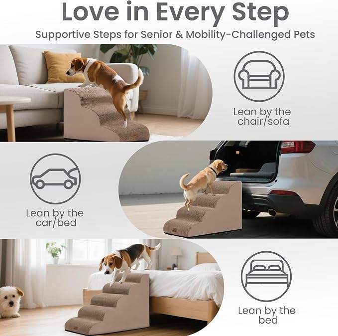 GoGoBunny Waterproof High Density Foam Curved Dog Stairs for High Beds Couches 19.7" H, 4-Step Ramp Dog Steps Friendly to Small Medium Dogs or Pets Joints, Non-Slip Balanced Durable Pet Step, Camel