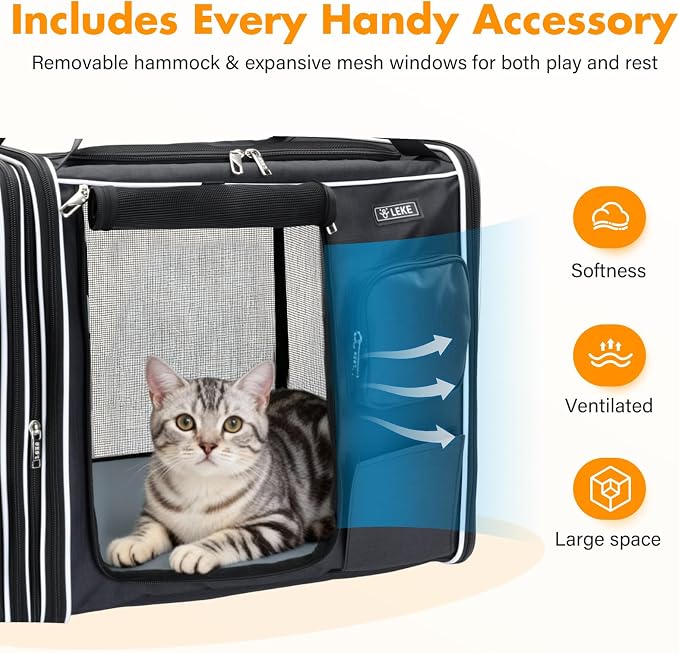 Lekereise Large Cat Carrier Soft Sided, 28" x 13" x 13", Large cat Travel Carrier for 2 Cats with Zipper Locks for Moving Across The Country(No Hammock), Foldable for Storage, Black