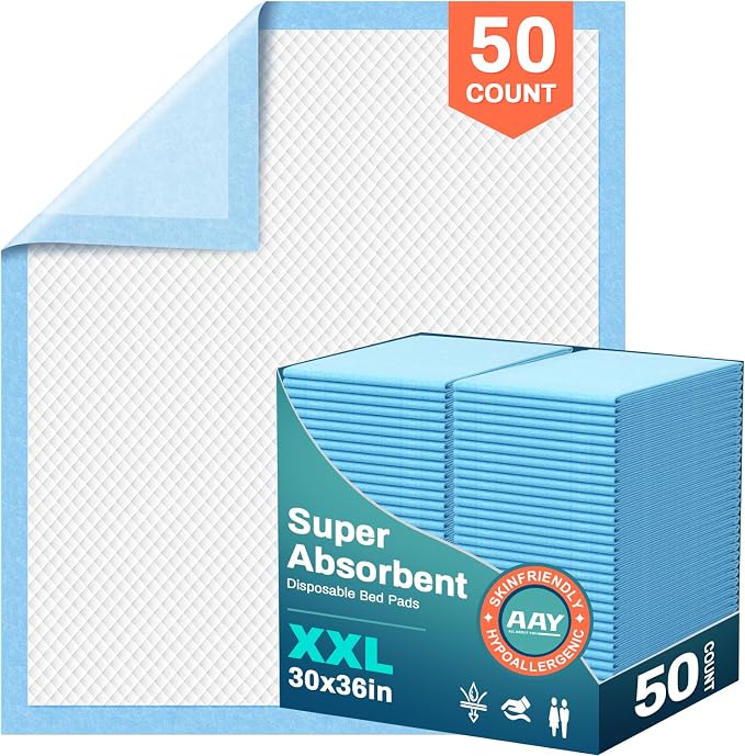 AAY Bed Pads Disposable 30" x 36" 50 Count, Chucks for Adult, Puppy | Extra Large Incontinence Pee Pads, Super Absorbency Underpads with Leakproof Protection for Elderly, Kids