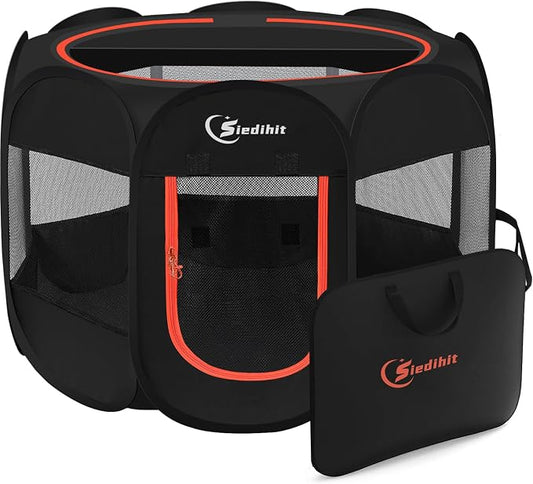 Siedihit Dog Playpen, Puppy Pet Playpens Indoor for Medium Dogs Tent | Crates Cage Indoor/Outdoor, Portable Pop Up Dog Kennel Playpen with Carrying Case for Dogs/Cats/Rabbits, Black
